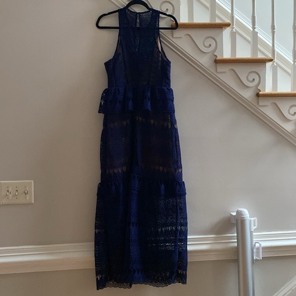 Self-Portrait Teardrop Guipure Paneled Maxi Dress in Navy Blue Structure Size 10 - Picture 10 of 17
